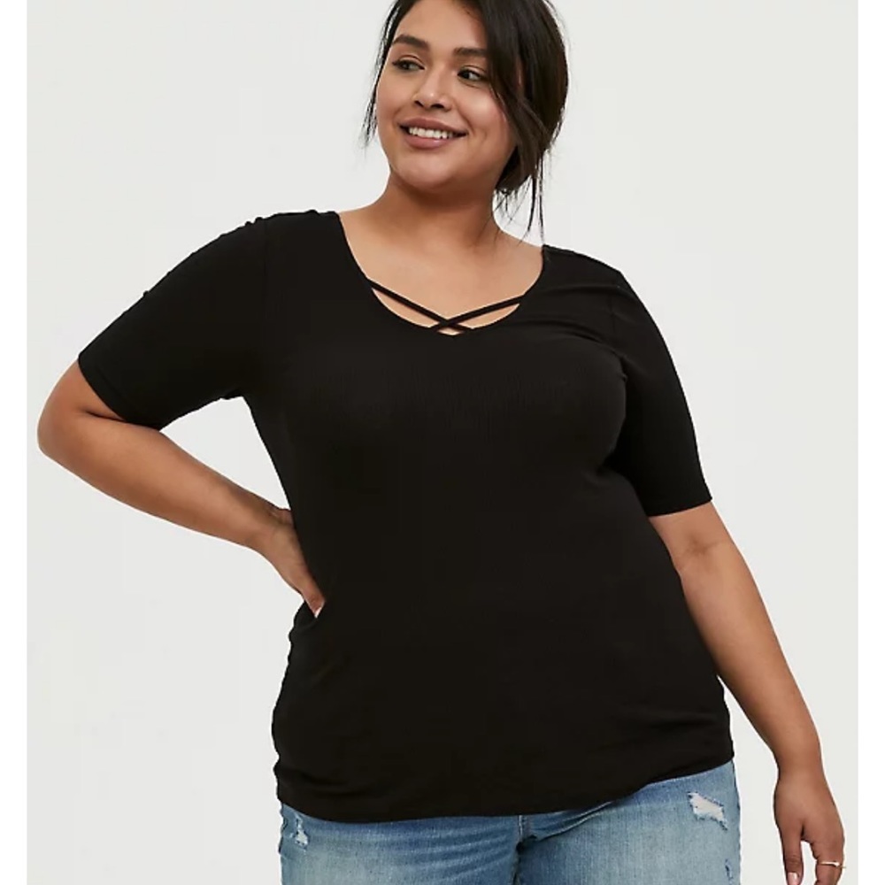 Torrid Black Rib Strappy V Neck Tee Size 1